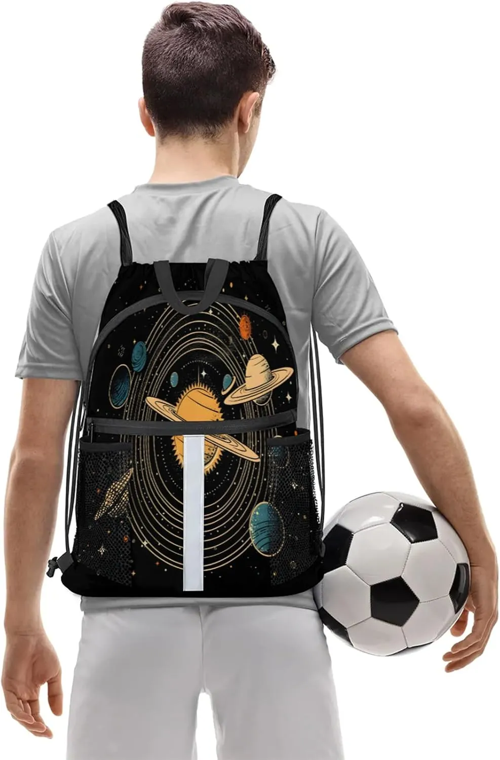 Universe Solar System Planets Drawstring Backpack String Bag, Waterproof Sports Gym Swim Sackpack with Mesh Pocket for Men Women