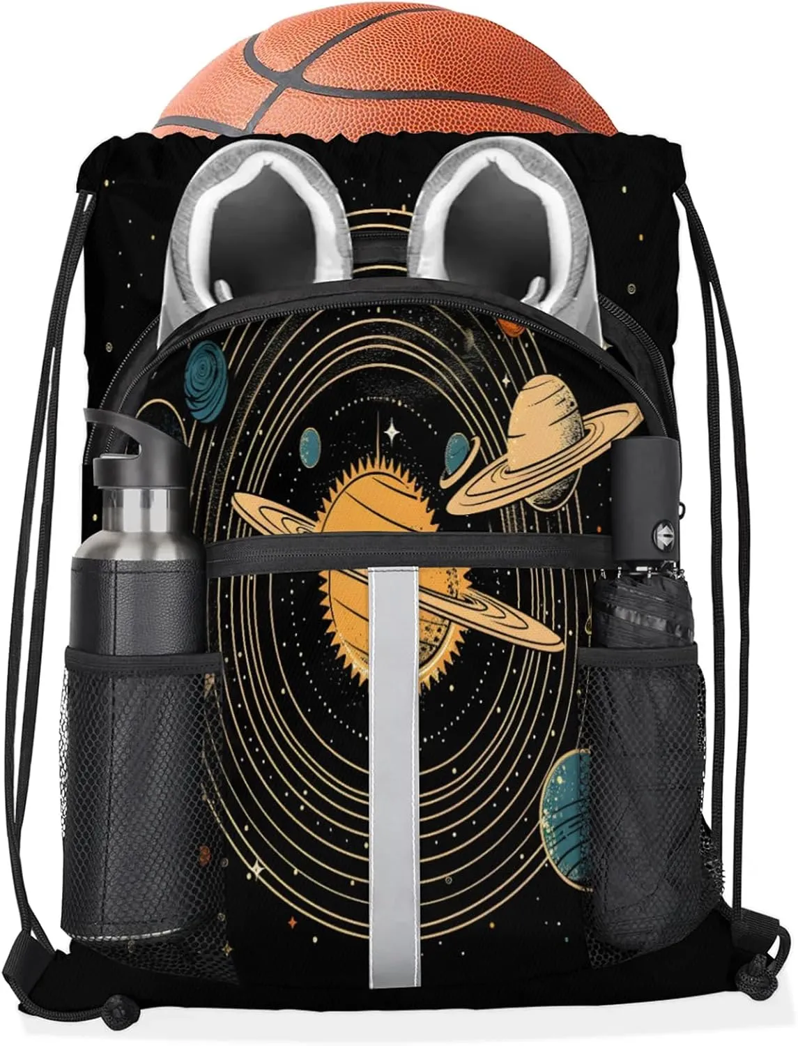 Universe Solar System Planets Drawstring Backpack String Bag, Waterproof Sports Gym Swim Sackpack with Mesh Pocket for Men Women