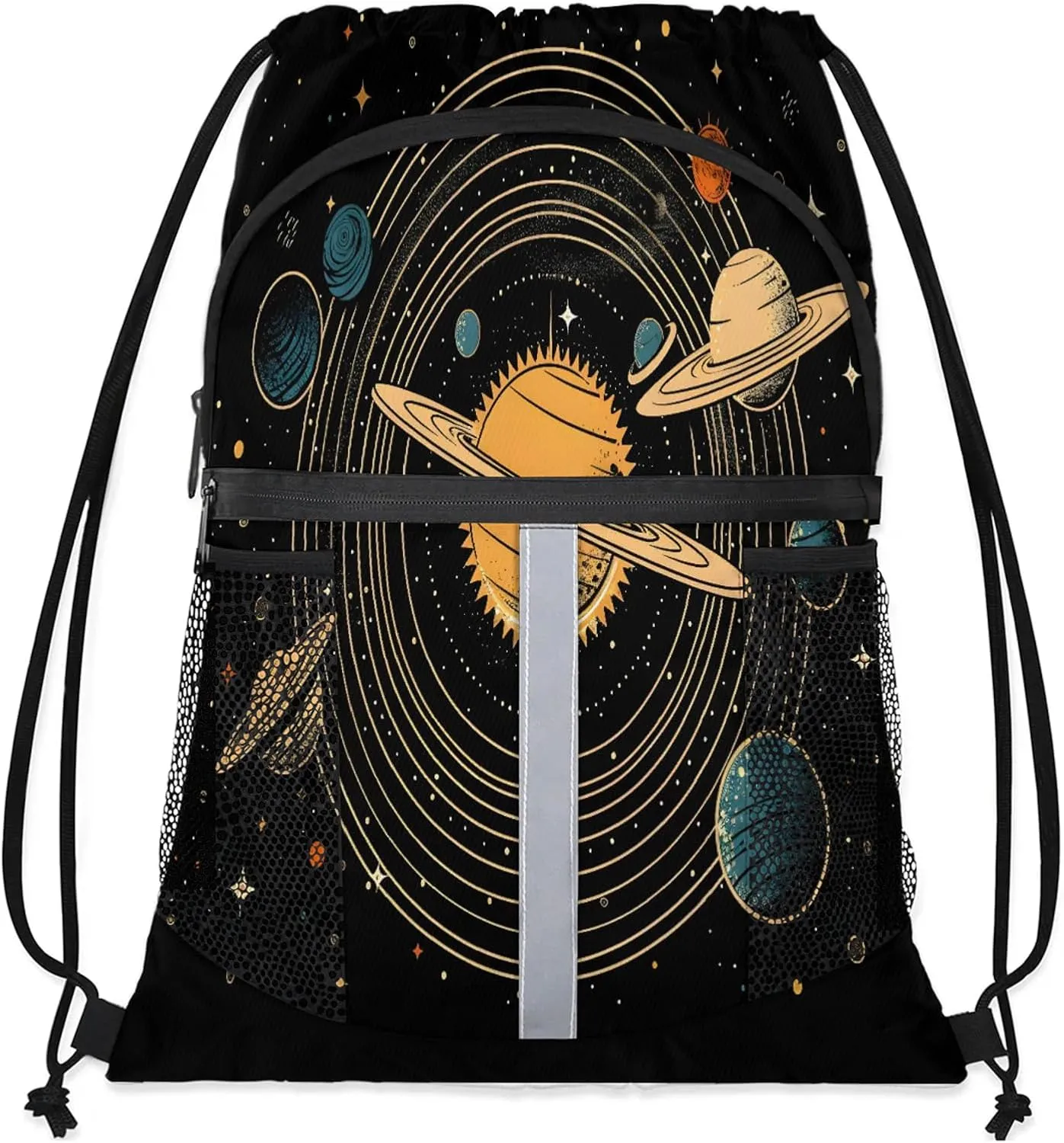 Universe Solar System Planets Drawstring Backpack String Bag, Waterproof Sports Gym Swim Sackpack with Mesh Pocket for Men Women