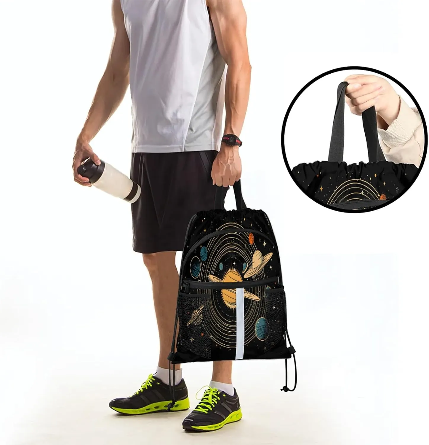Universe Solar System Planets Drawstring Backpack String Bag, Waterproof Sports Gym Swim Sackpack with Mesh Pocket for Men Women