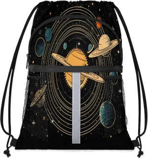 Universe Solar System Planets Drawstring Backpack String Bag, Waterproof Sports Gym Swim Sackpack with Mesh Pocket for Men Women