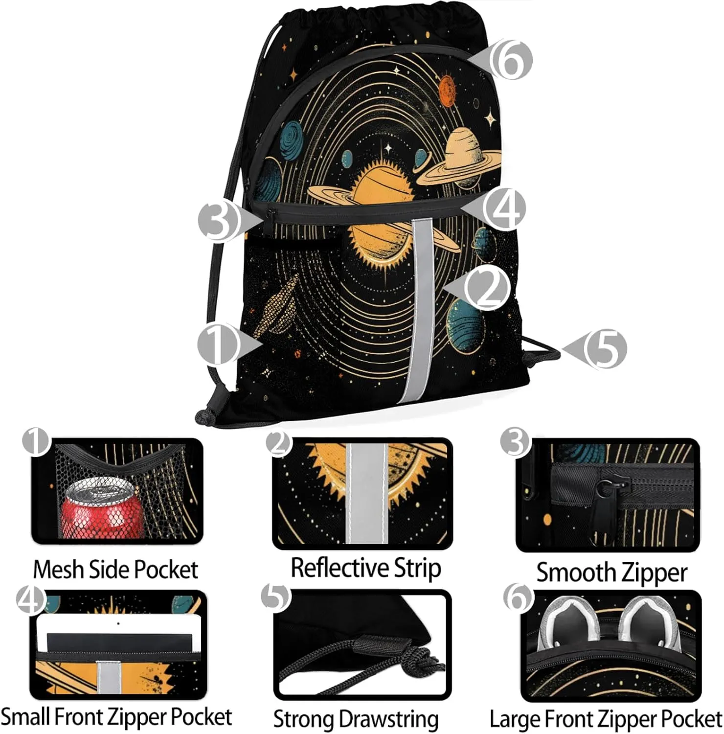 Universe Solar System Planets Drawstring Backpack String Bag, Waterproof Sports Gym Swim Sackpack with Mesh Pocket for Men Women