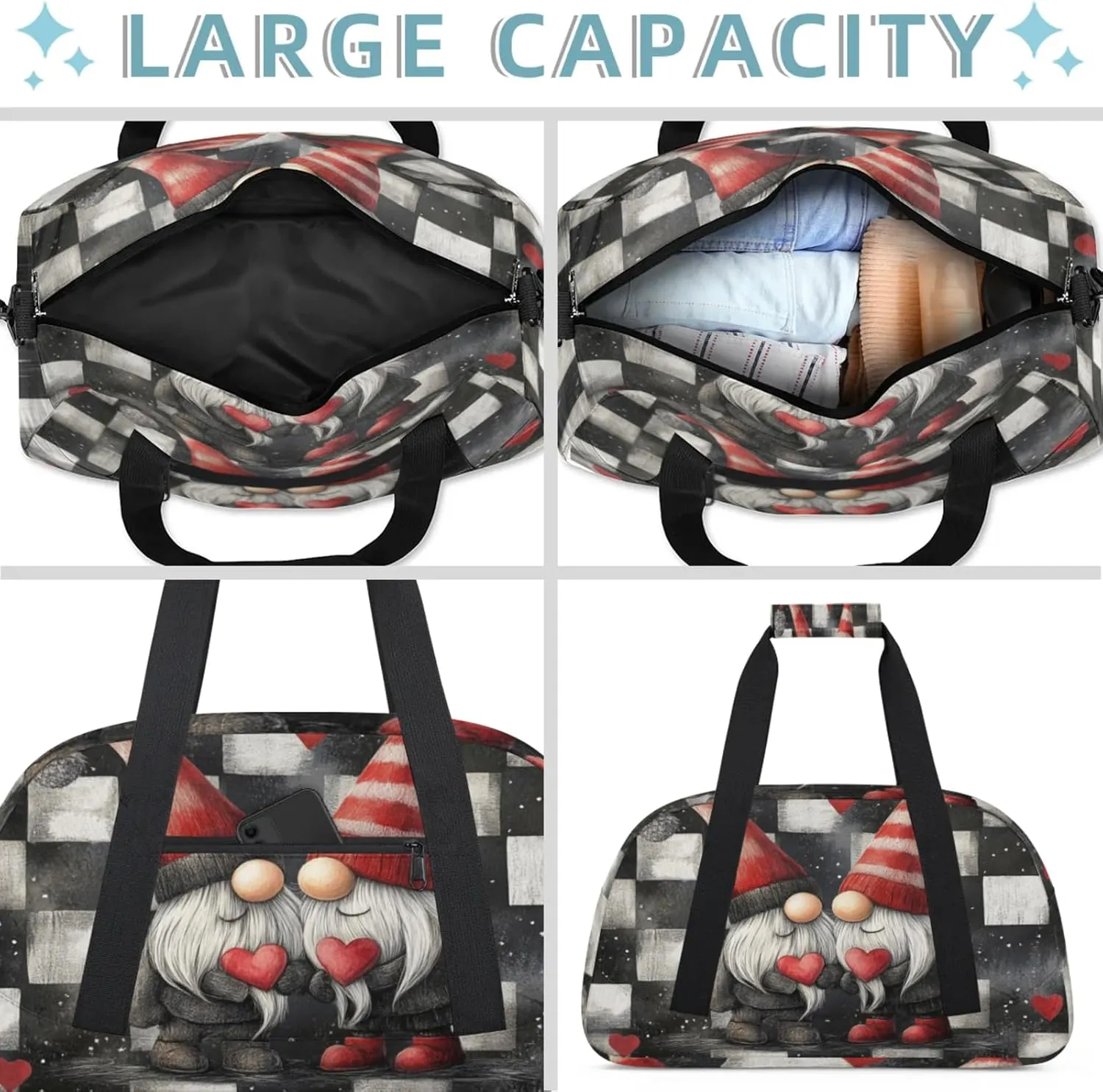 Valentine's Day Gnome Small Gym Bag 18 inch Carry On Duffel Bag for Weekender Travel Sports Workout Yoga Gymnastics Dance Ballet