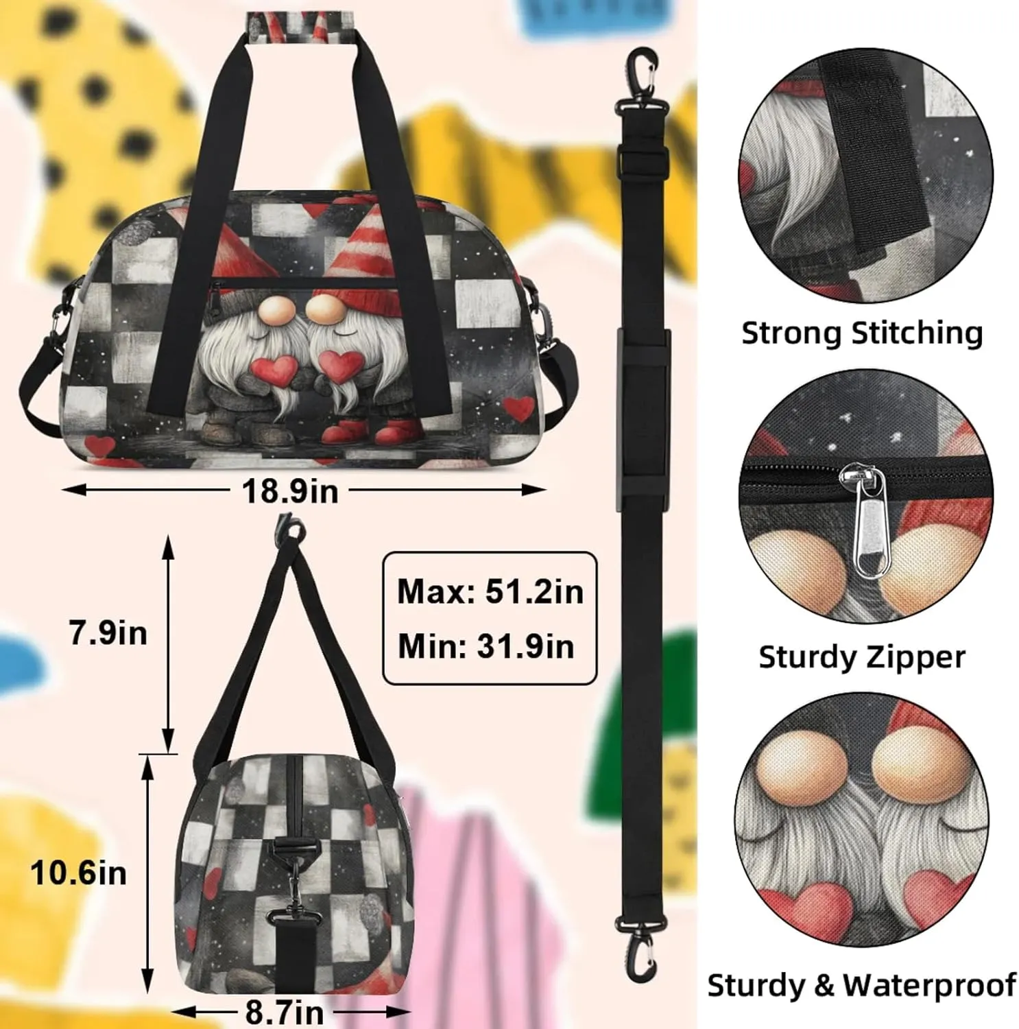 Valentine's Day Gnome Small Gym Bag 18 inch Carry On Duffel Bag for Weekender Travel Sports Workout Yoga Gymnastics Dance Ballet