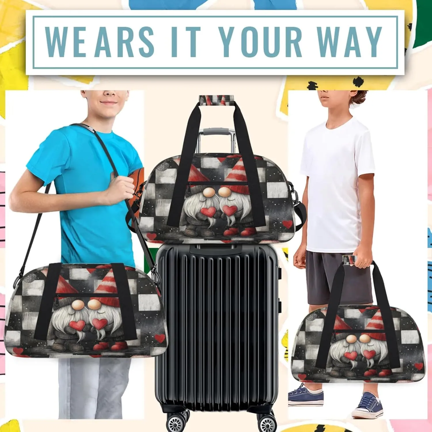 Valentine's Day Gnome Small Gym Bag 18 inch Carry On Duffel Bag for Weekender Travel Sports Workout Yoga Gymnastics Dance Ballet