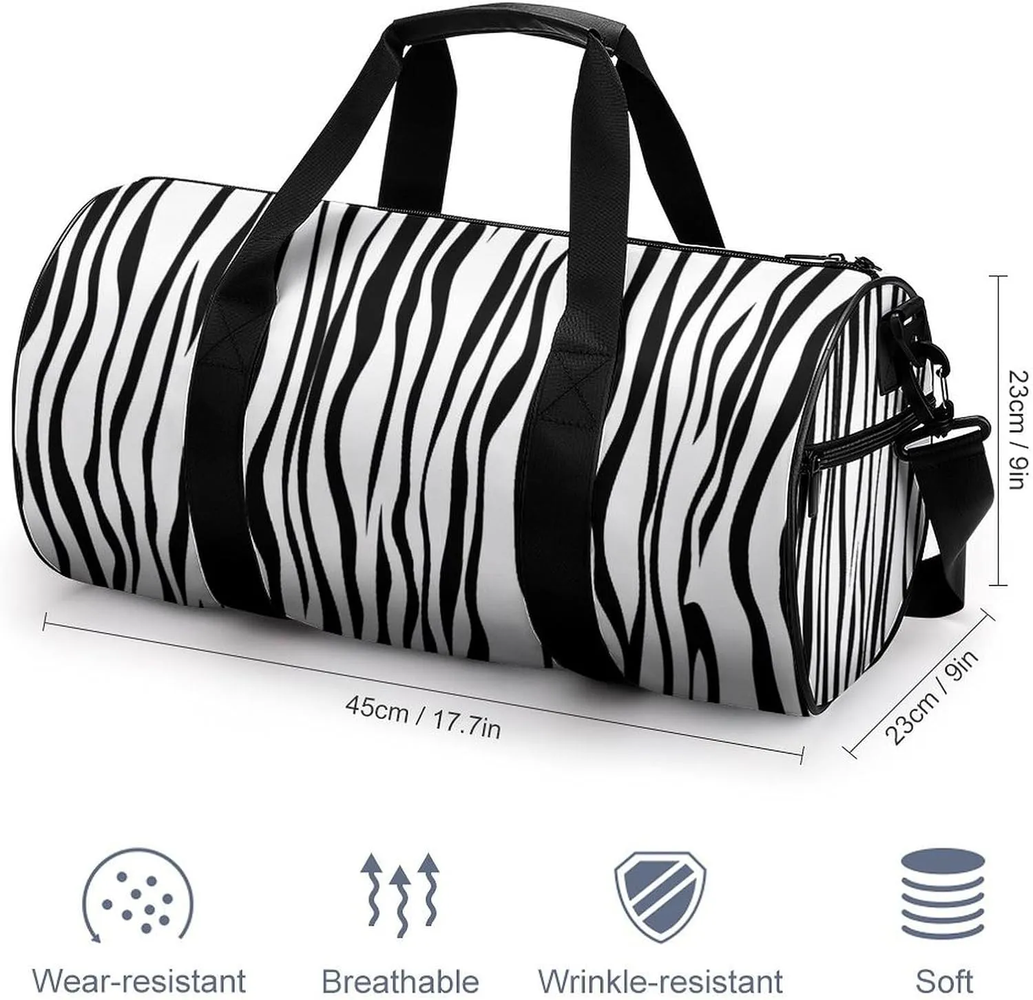 Vertical Stripe Pattern Like A Zebra Fur Travel Gym Bag for Women Men Black And White Cylindrical Duffle Bag Sport Workout Bag with Shoulder Strap