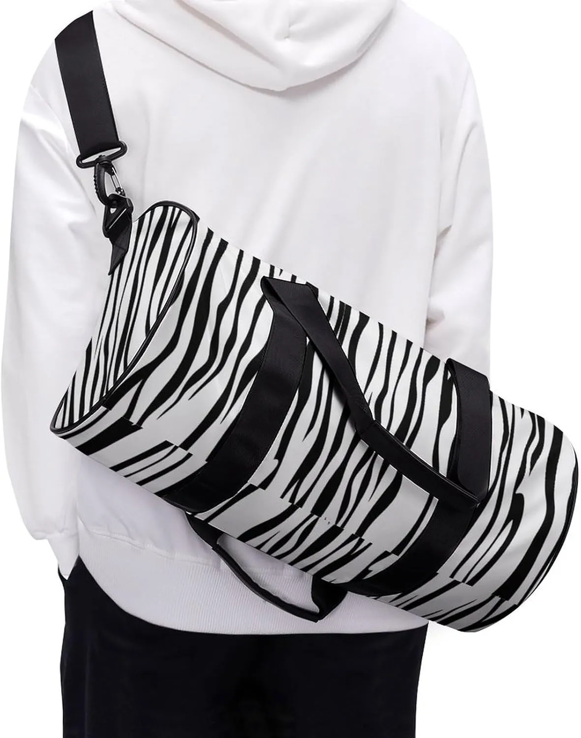Vertical Stripe Pattern Like A Zebra Fur Travel Gym Bag for Women Men Black And White Cylindrical Duffle Bag Sport Workout Bag with Shoulder Strap