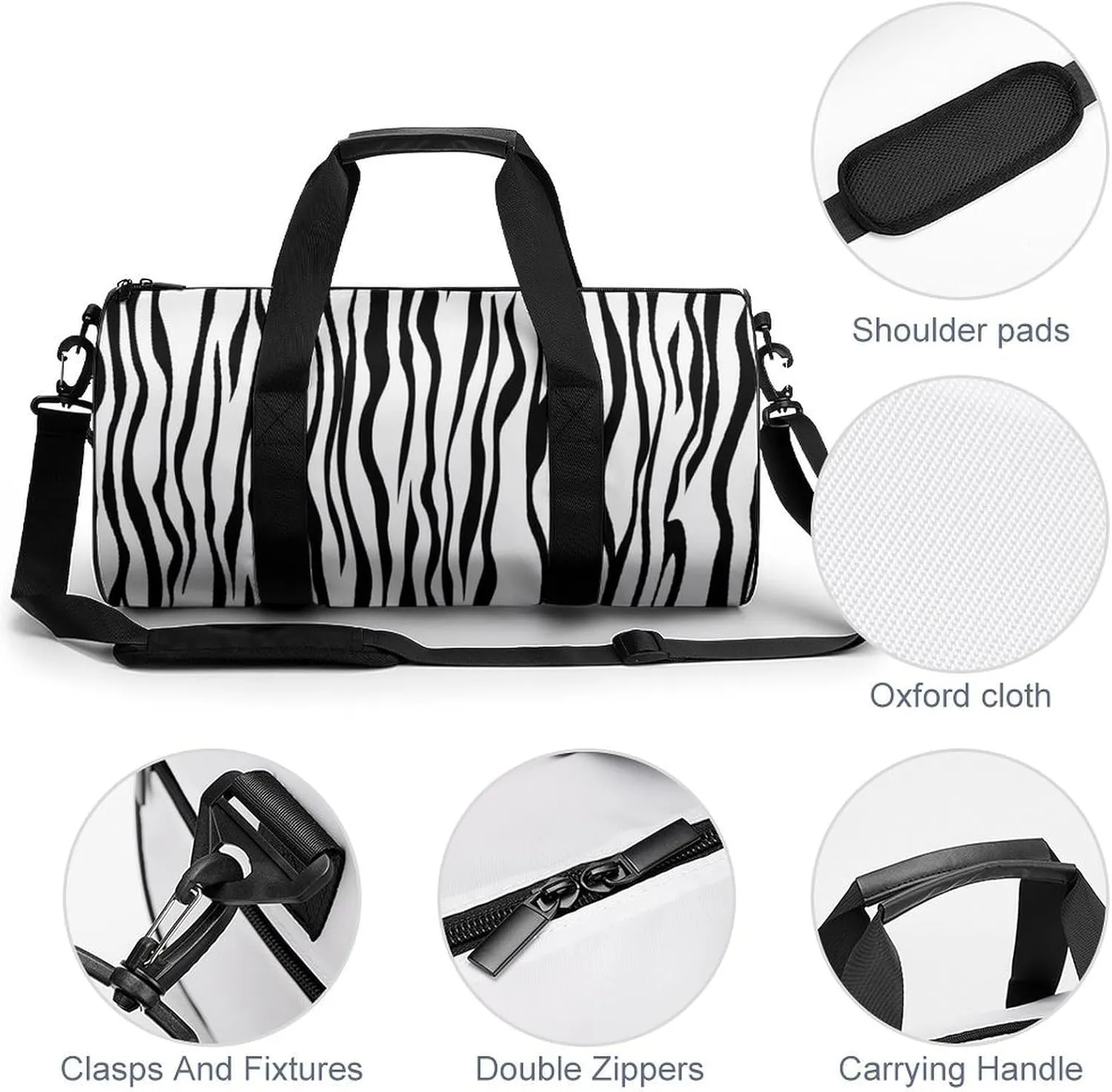 Vertical Stripe Pattern Like A Zebra Fur Travel Gym Bag for Women Men Black And White Cylindrical Duffle Bag Sport Workout Bag with Shoulder Strap