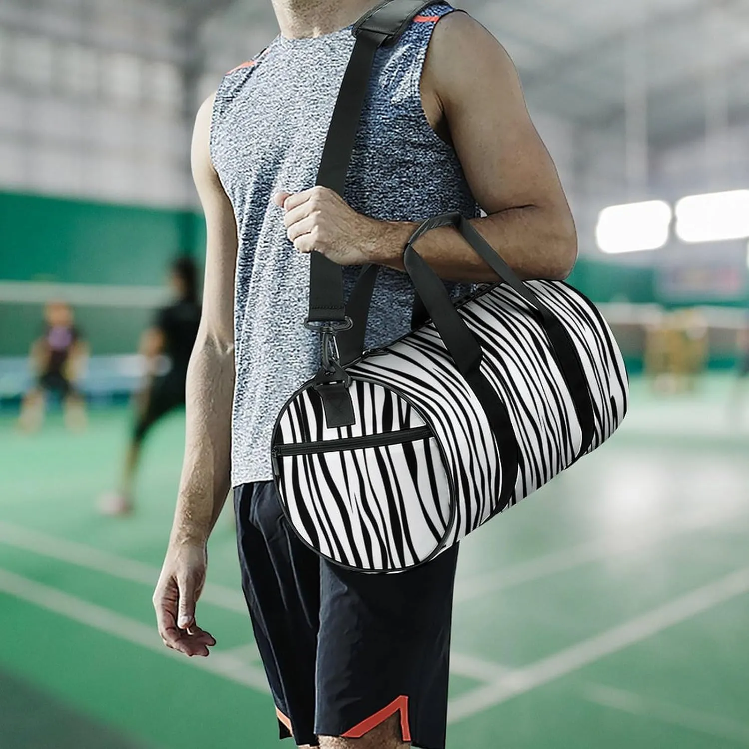 Vertical Stripe Pattern Like A Zebra Fur Travel Gym Bag for Women Men Black And White Cylindrical Duffle Bag Sport Workout Bag with Shoulder Strap