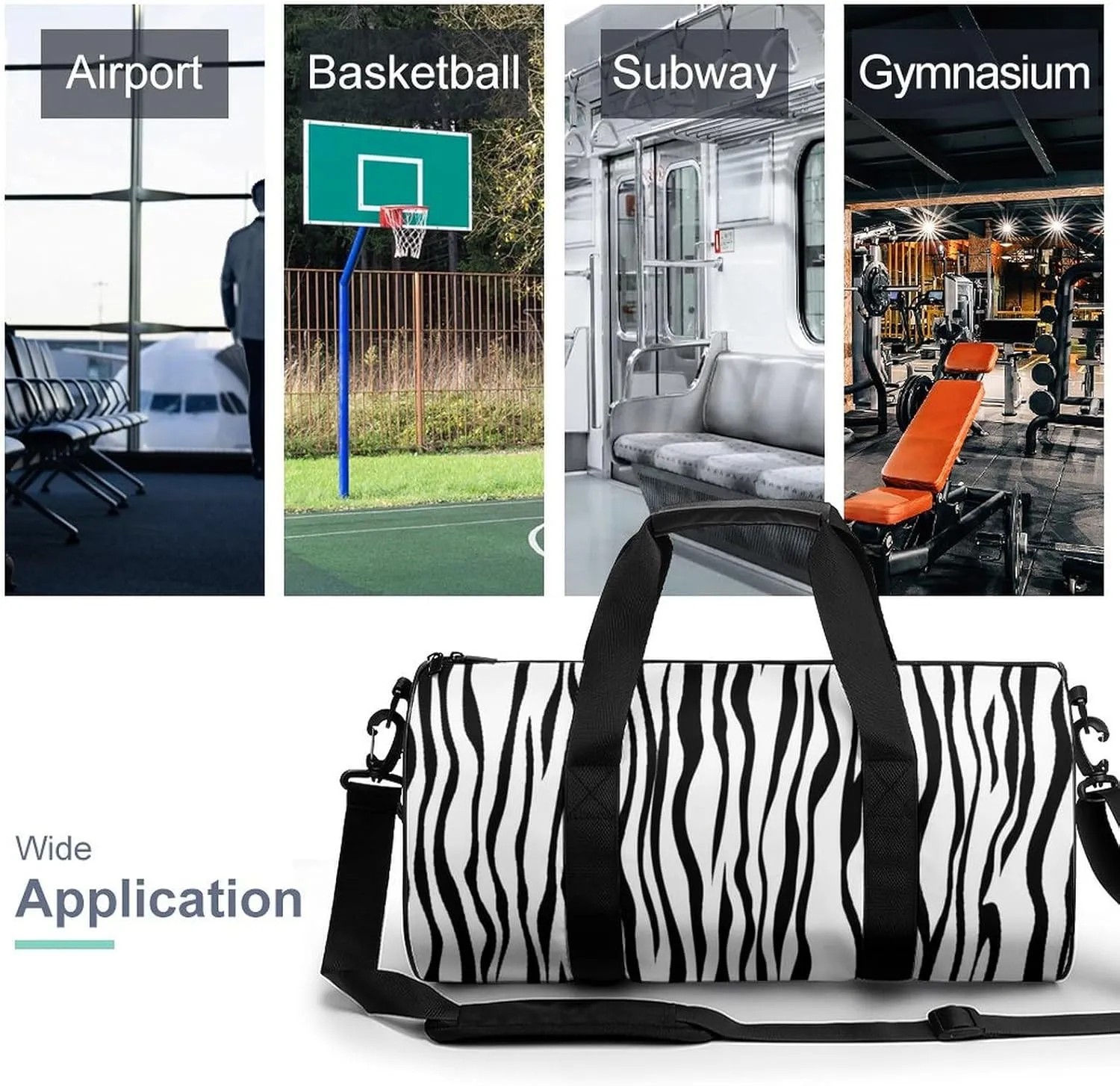 Vertical Stripe Pattern Like A Zebra Fur Travel Gym Bag for Women Men Black And White Cylindrical Duffle Bag Sport Workout Bag with Shoulder Strap