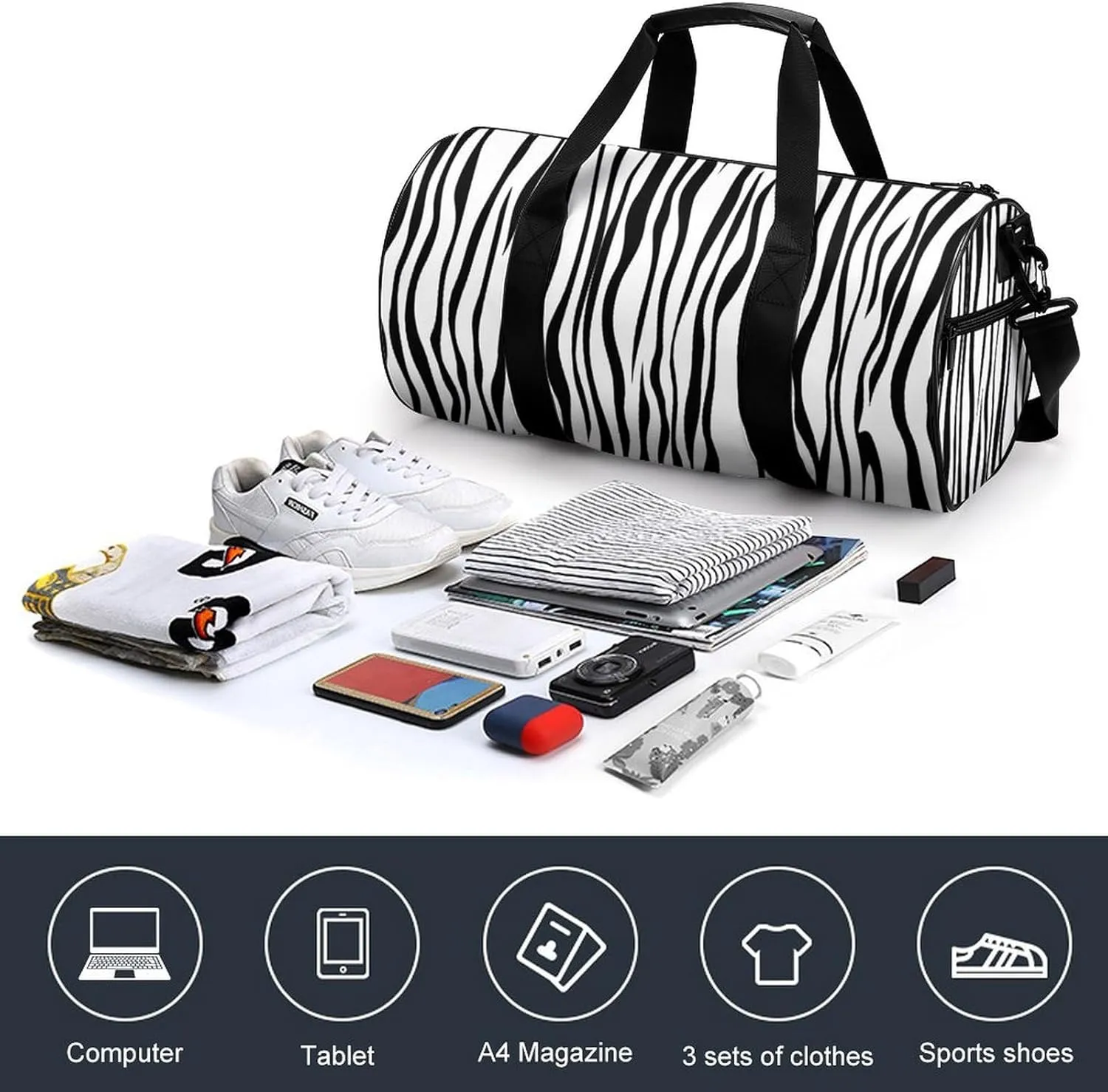 Vertical Stripe Pattern Like A Zebra Fur Travel Gym Bag for Women Men Black And White Cylindrical Duffle Bag Sport Workout Bag with Shoulder Strap