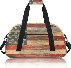Vintage American Flag Wood Small Gym Bag 18 inch Carry On Duffel Bag for Weekender Travel Sports Workout Yoga Gymnastics Dance Ballet
