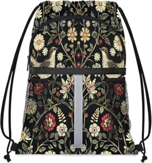 Vintage Bird Floral Drawstring Backpack String Bag, Waterproof Sports Gym Swim Sackpack with Mesh Pocket for Men Women