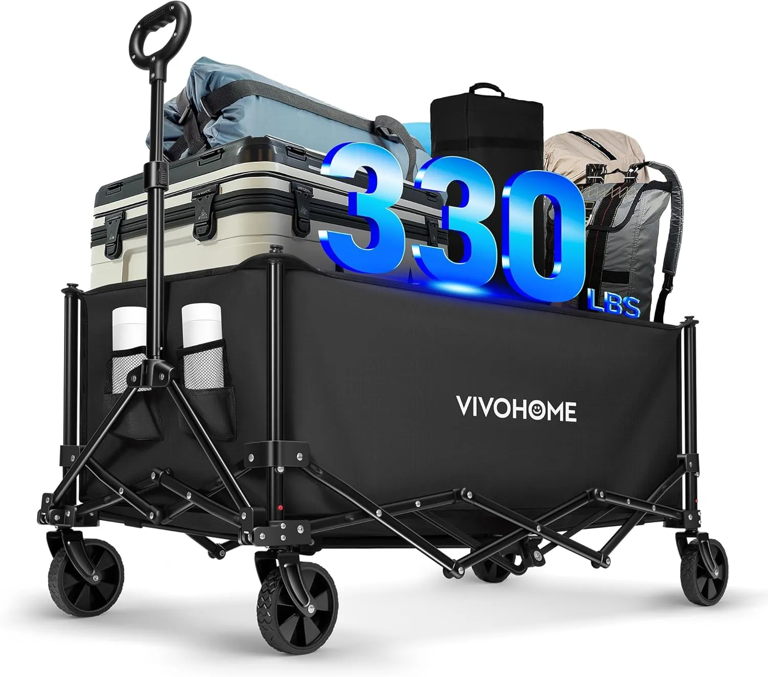 VIVOHOME Collapsible Wagon Carts, 330lbs 220L Utility Heavy Duty Foldable Wagons with Universal Wheels, Cup Holders & Side Pocket, Adjustable Handle, for Camping, Garden, Sports, Picnic, Shopping