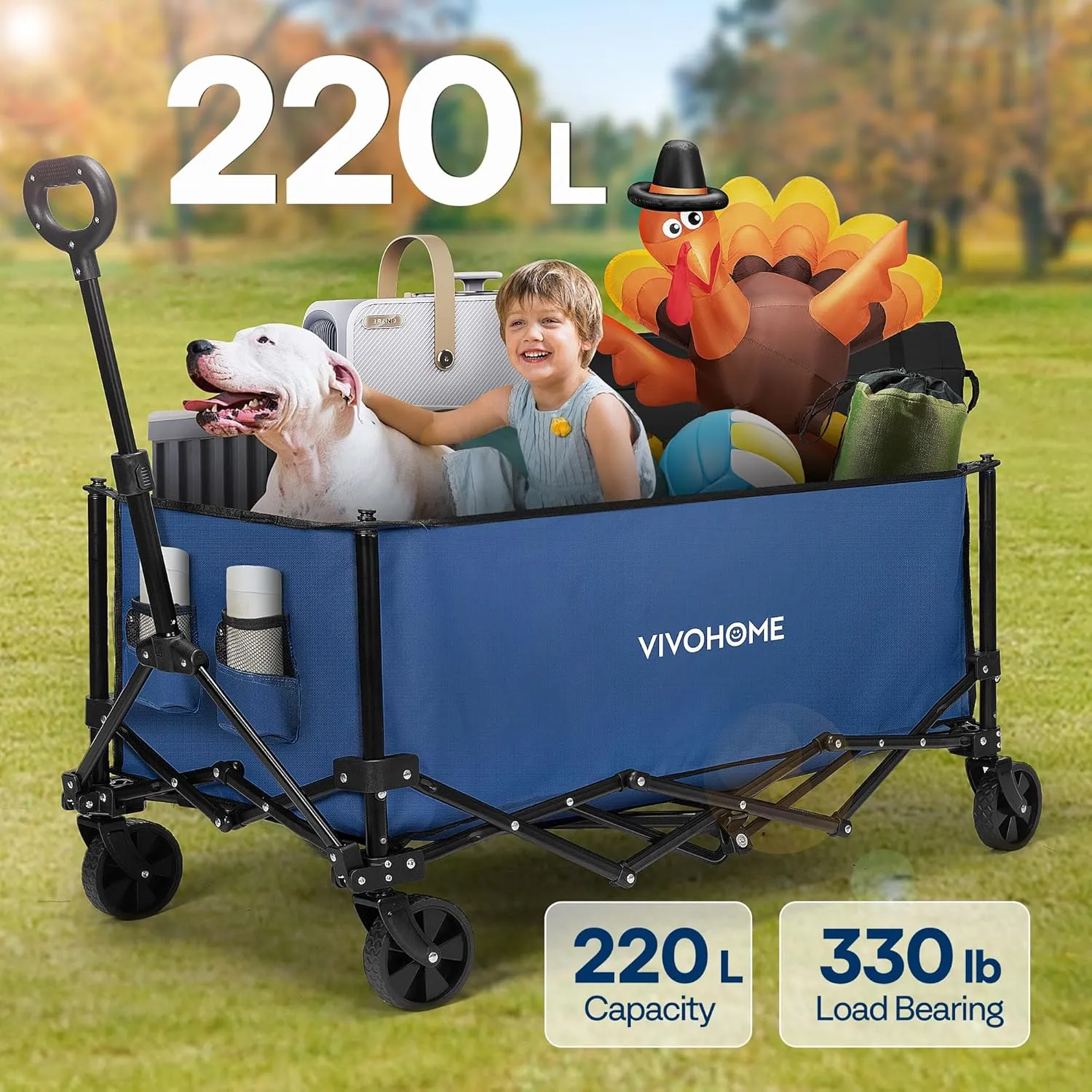 VIVOHOME Collapsible Wagon Carts, 330lbs 220L Utility Heavy Duty Foldable Wagons with Universal Wheels, Cup Holders & Side Pocket, Adjustable Handle, for Camping, Garden, Sports, Picnic, Shopping