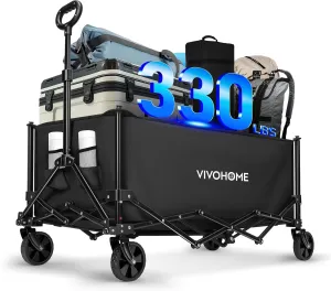 VIVOHOME Collapsible Wagon Carts, 330lbs 220L Utility Heavy Duty Foldable Wagons with Universal Wheels, Cup Holders & Side Pocket, Adjustable Handle, for Camping, Garden, Sports, Picnic, Shopping