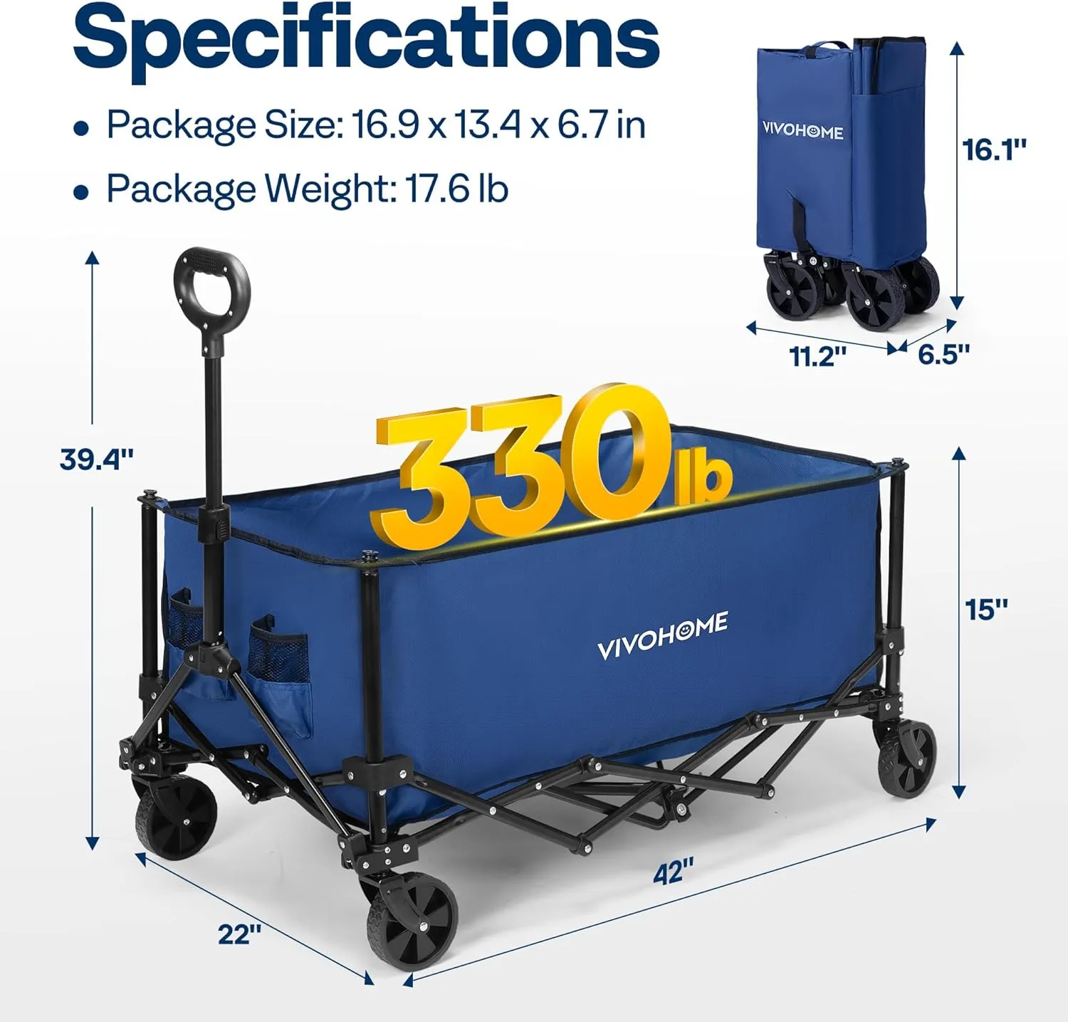VIVOHOME Collapsible Wagon Carts, 330lbs 220L Utility Heavy Duty Foldable Wagons with Universal Wheels, Cup Holders & Side Pocket, Adjustable Handle, for Camping, Garden, Sports, Picnic, Shopping