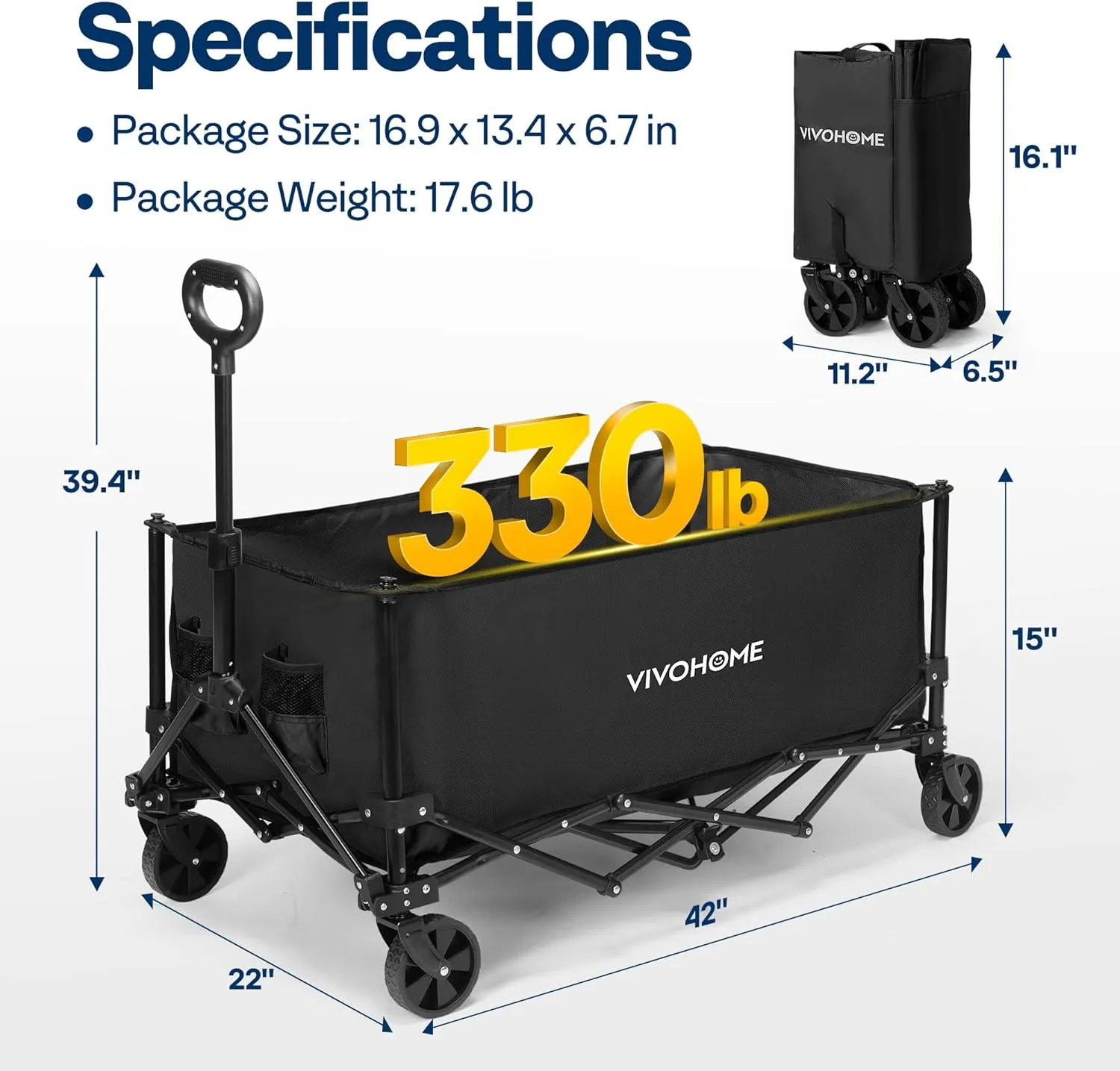 VIVOHOME Collapsible Wagon Carts, 330lbs 220L Utility Heavy Duty Foldable Wagons with Universal Wheels, Cup Holders & Side Pocket, Adjustable Handle, for Camping, Garden, Sports, Picnic, Shopping