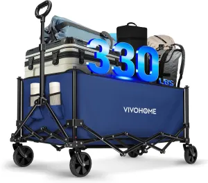 VIVOHOME Collapsible Wagon Carts, 330lbs 220L Utility Heavy Duty Foldable Wagons with Universal Wheels, Cup Holders & Side Pocket, Adjustable Handle, for Camping, Garden, Sports, Picnic, Shopping