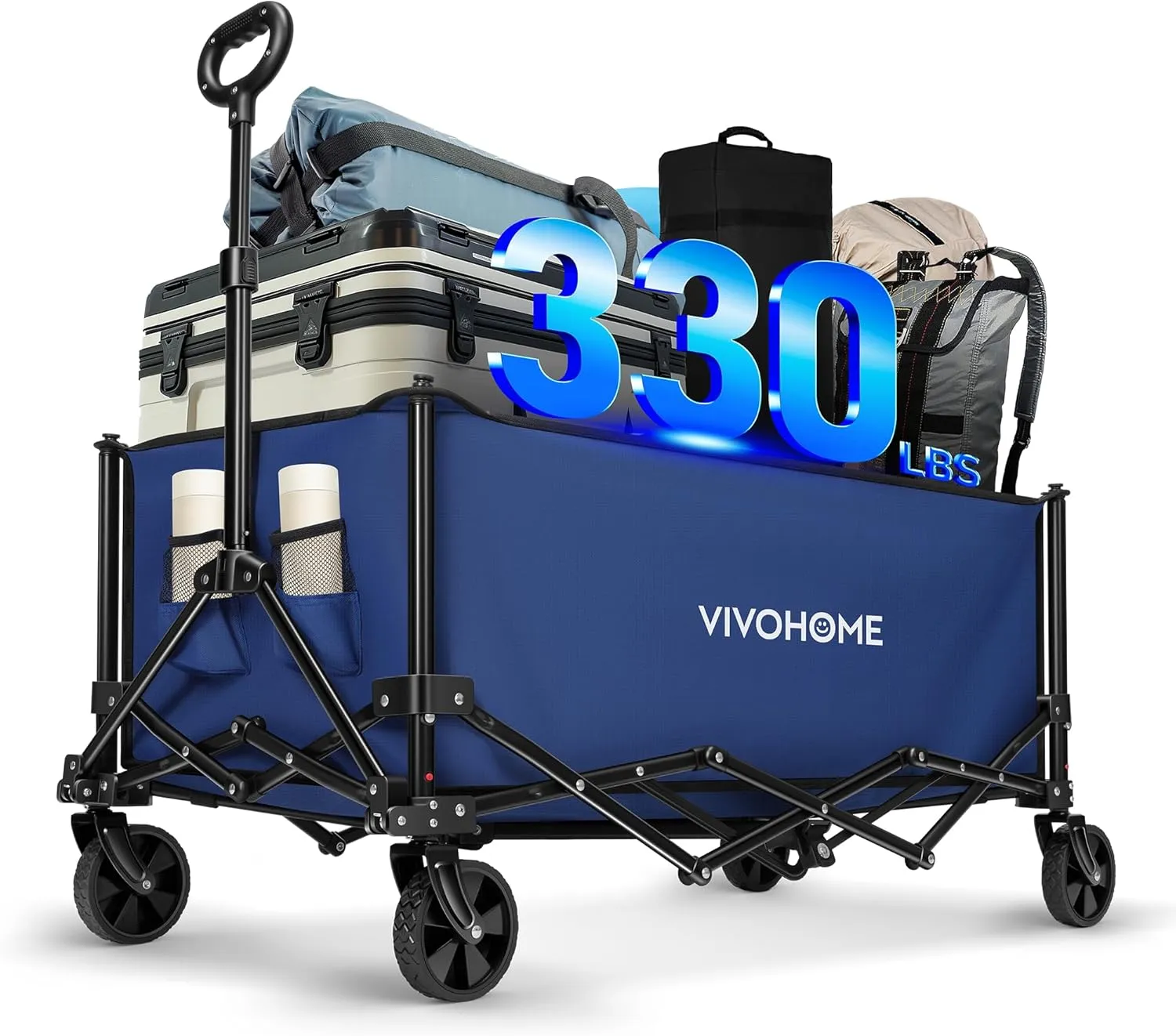 VIVOHOME Collapsible Wagon Carts, 330lbs 220L Utility Heavy Duty Foldable Wagons with Universal Wheels, Cup Holders & Side Pocket, Adjustable Handle, for Camping, Garden, Sports, Picnic, Shopping