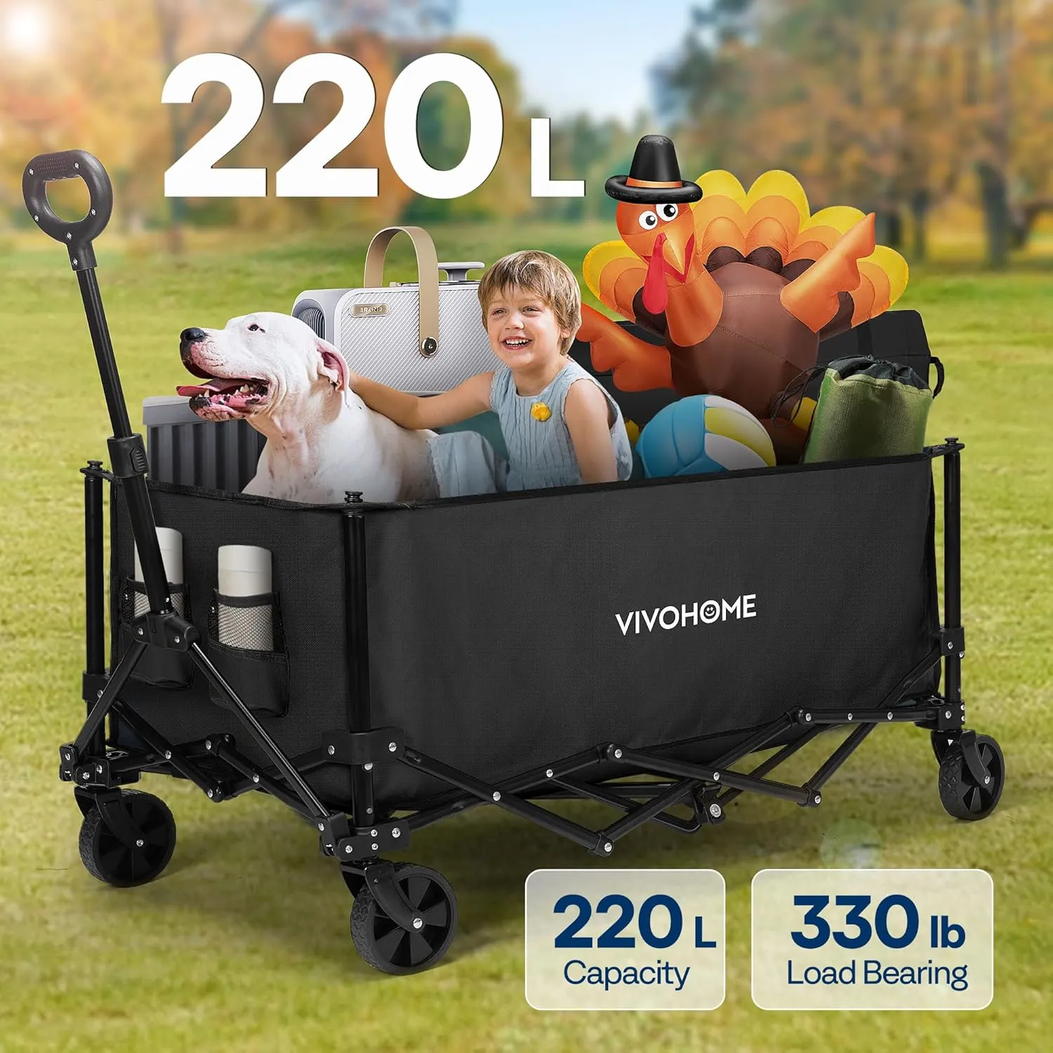 VIVOHOME Collapsible Wagon Carts, 330lbs 220L Utility Heavy Duty Foldable Wagons with Universal Wheels, Cup Holders & Side Pocket, Adjustable Handle, for Camping, Garden, Sports, Picnic, Shopping