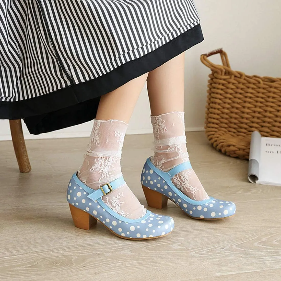 VOKLIN Women's Ladies Retro Mary Jane Pumps Round Toe Ankle Strap Chunky Block Mid Heel Oxford Dress Shoes