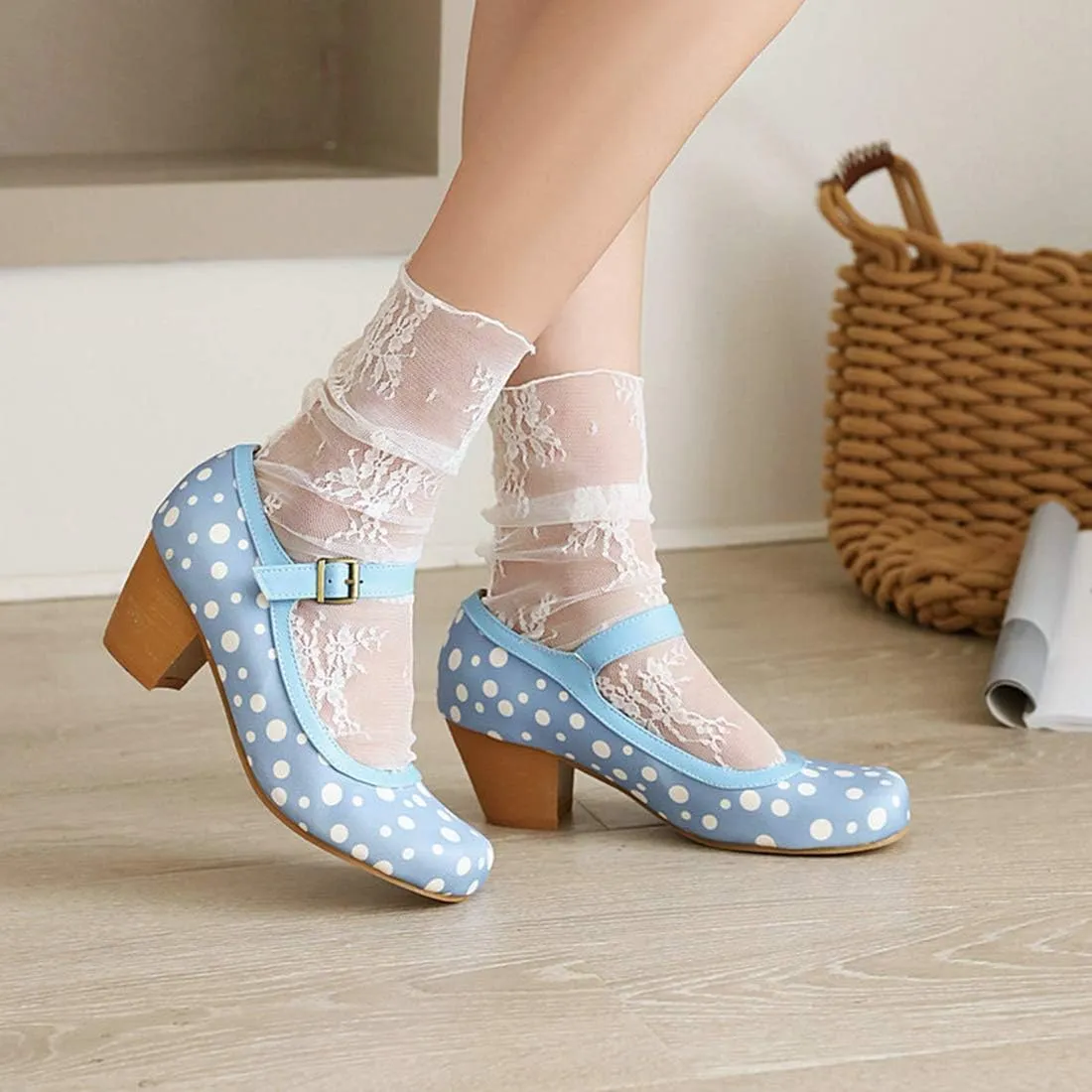 VOKLIN Women's Ladies Retro Mary Jane Pumps Round Toe Ankle Strap Chunky Block Mid Heel Oxford Dress Shoes