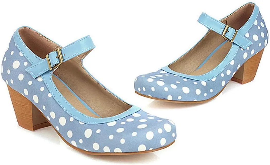 VOKLIN Women's Ladies Retro Mary Jane Pumps Round Toe Ankle Strap Chunky Block Mid Heel Oxford Dress Shoes