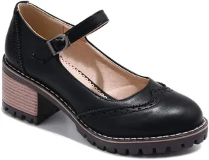 VOKLIN Women's Retro Mary Jane Pump Oxford Brogue Round Toe Platform Chunky Block Heel Vintage Dress Shoes