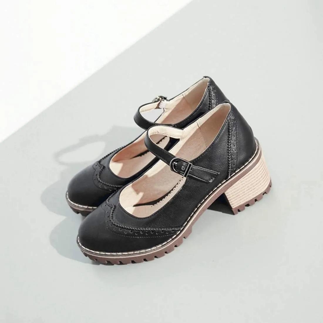 VOKLIN Women's Retro Mary Jane Pump Oxford Brogue Round Toe Platform Chunky Block Heel Vintage Dress Shoes