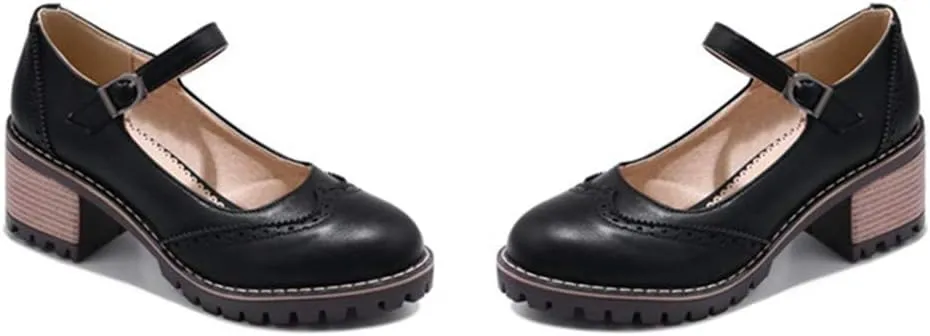 VOKLIN Women's Retro Mary Jane Pump Oxford Brogue Round Toe Platform Chunky Block Heel Vintage Dress Shoes
