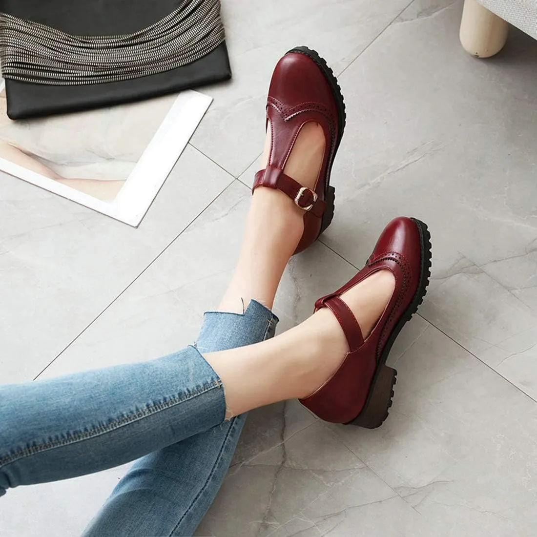VOKLIN Women's Vintage T-Strap Mary Jane Pumps Round Toe Platform Chunky Low Heel Brogues Oxford Dress Shoes