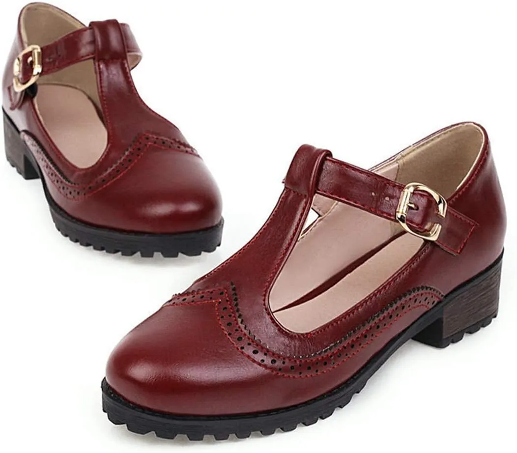 VOKLIN Women's Vintage T-Strap Mary Jane Pumps Round Toe Platform Chunky Low Heel Brogues Oxford Dress Shoes