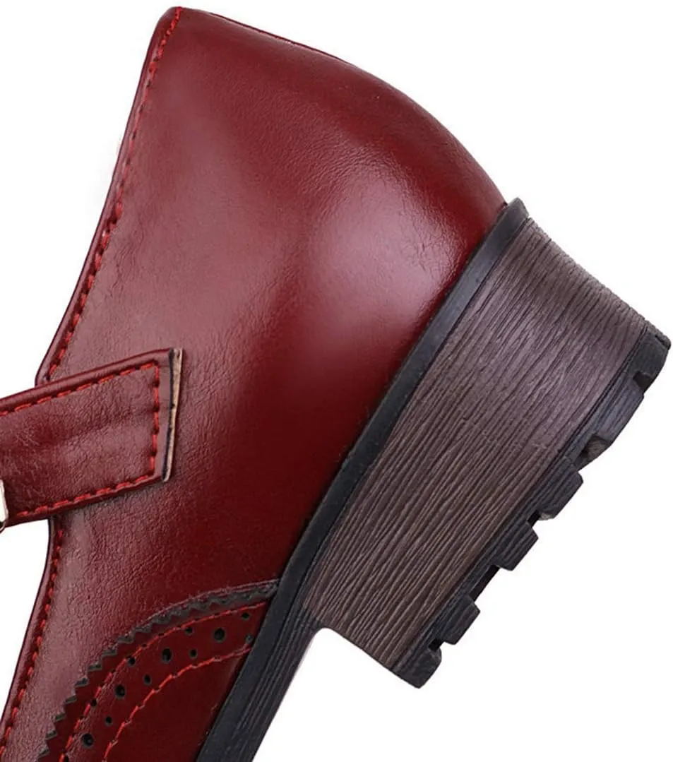 VOKLIN Women's Vintage T-Strap Mary Jane Pumps Round Toe Platform Chunky Low Heel Brogues Oxford Dress Shoes