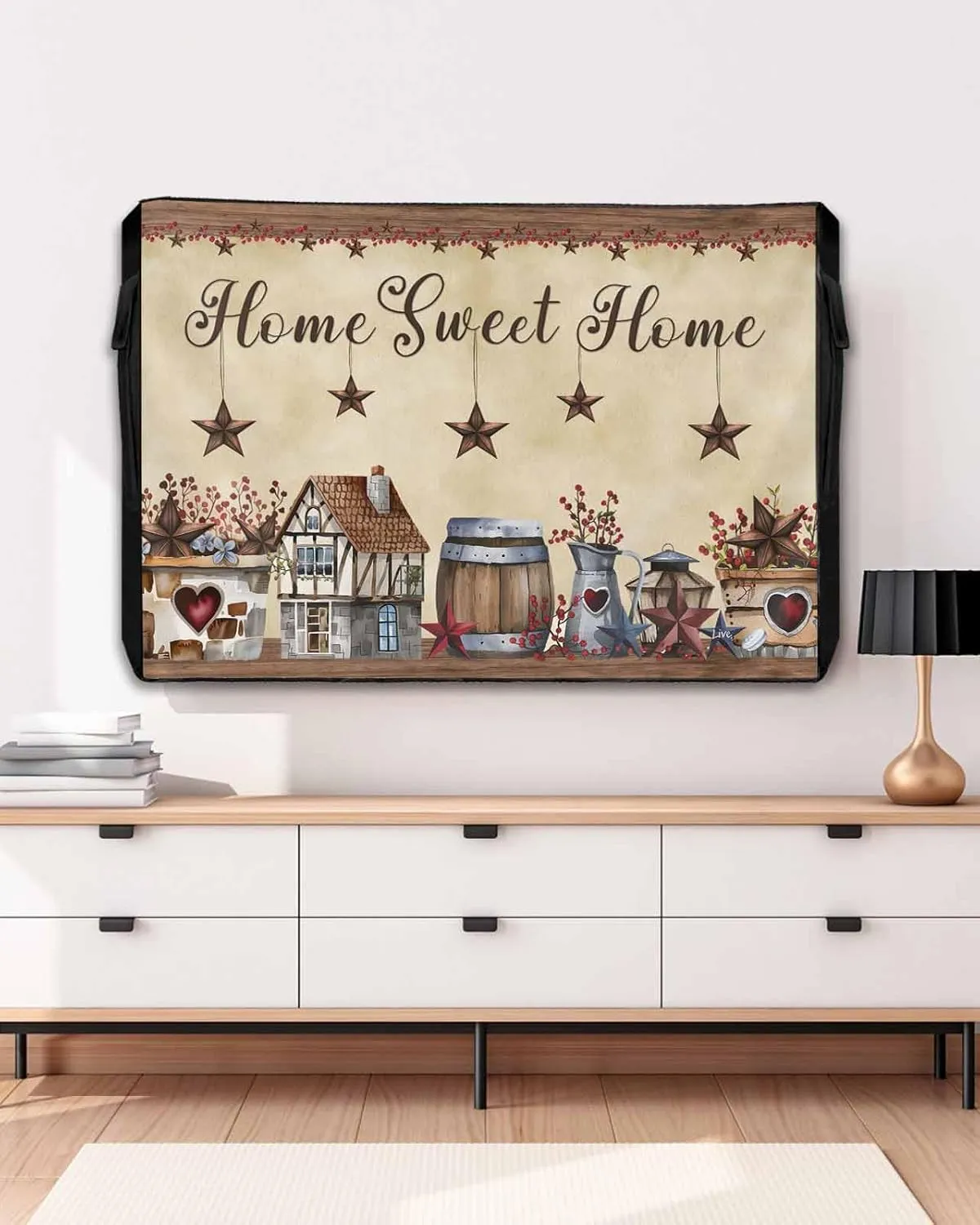 Waterproof Outdoor TV Cover 30 to 32 Inch, Retro Western Star Barn Berry Outside Flat Screen Televisions Weatherproof Cover Size 52"L x 30"H, Cabin Sweet Home Quote TV Protector With Zipper