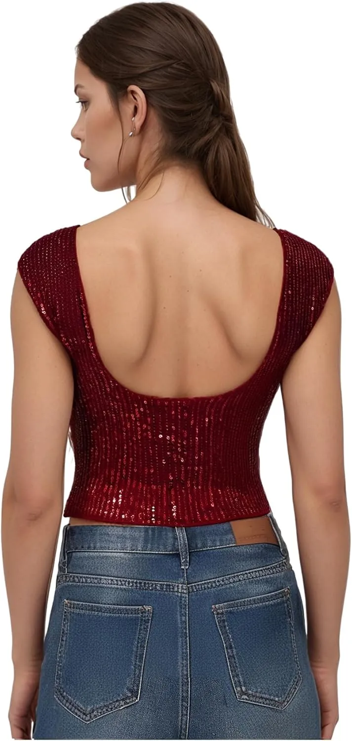 WDIRARA Women's Sequin Boat Neck Shirts Sparkle Glitter Backless Tee Cap Sleeve Crop Tops
