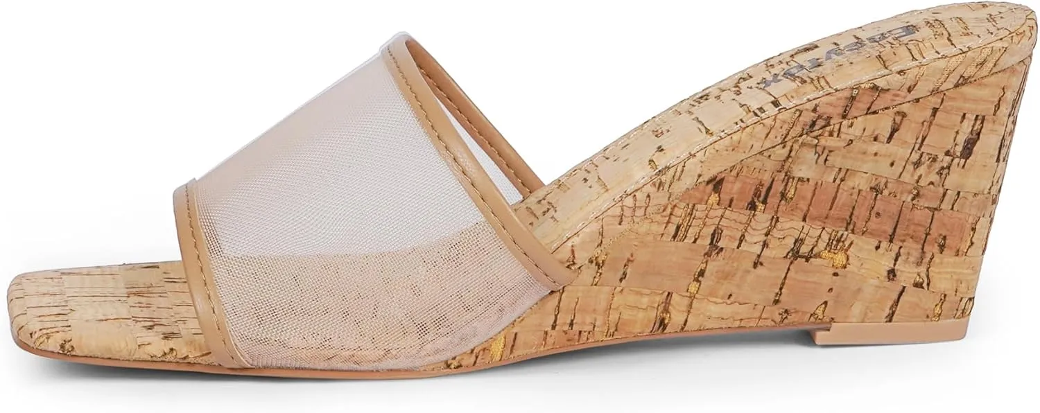Wedge Sandals for Women Open Toe Wedge Heels Womens High Heel Sandal Square Toe Heeled Wedge Sandals Wood Grain Slip on Wedge Mules