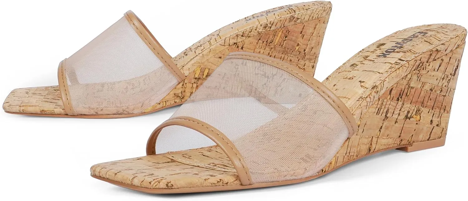 Wedge Sandals for Women Open Toe Wedge Heels Womens High Heel Sandal Square Toe Heeled Wedge Sandals Wood Grain Slip on Wedge Mules