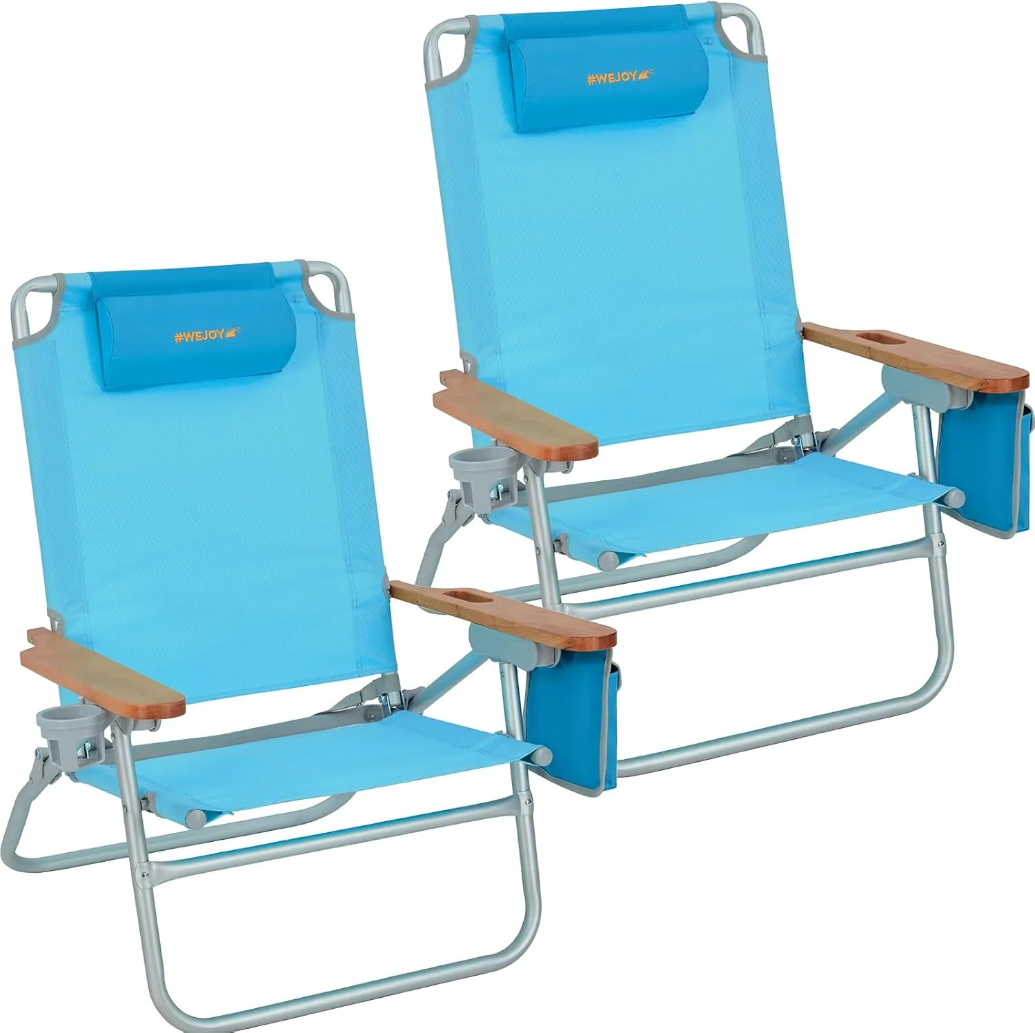 #WEJOY Oversized Reclining Beach Chair - Backpack Folding Adult Portable Low Seat with 4 Adjustable Positions, Carry Strap, Cup Holder, Wooden Armrests - Ideal for Festivals and Picnics - 300 lbs 2PK
