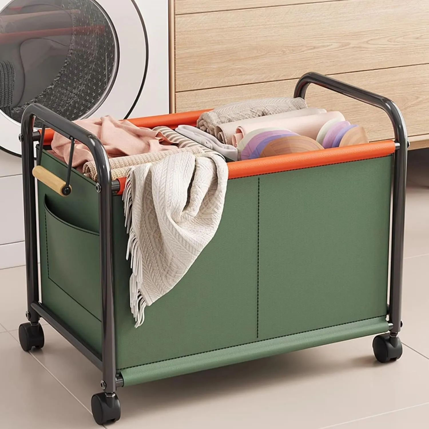 Wheeled Laundry Basket With Oxford Fabric Bag, Partition Design Rolling Laundry Cart, Rolling Small Commercial Utility Cart(Green,Medium)
