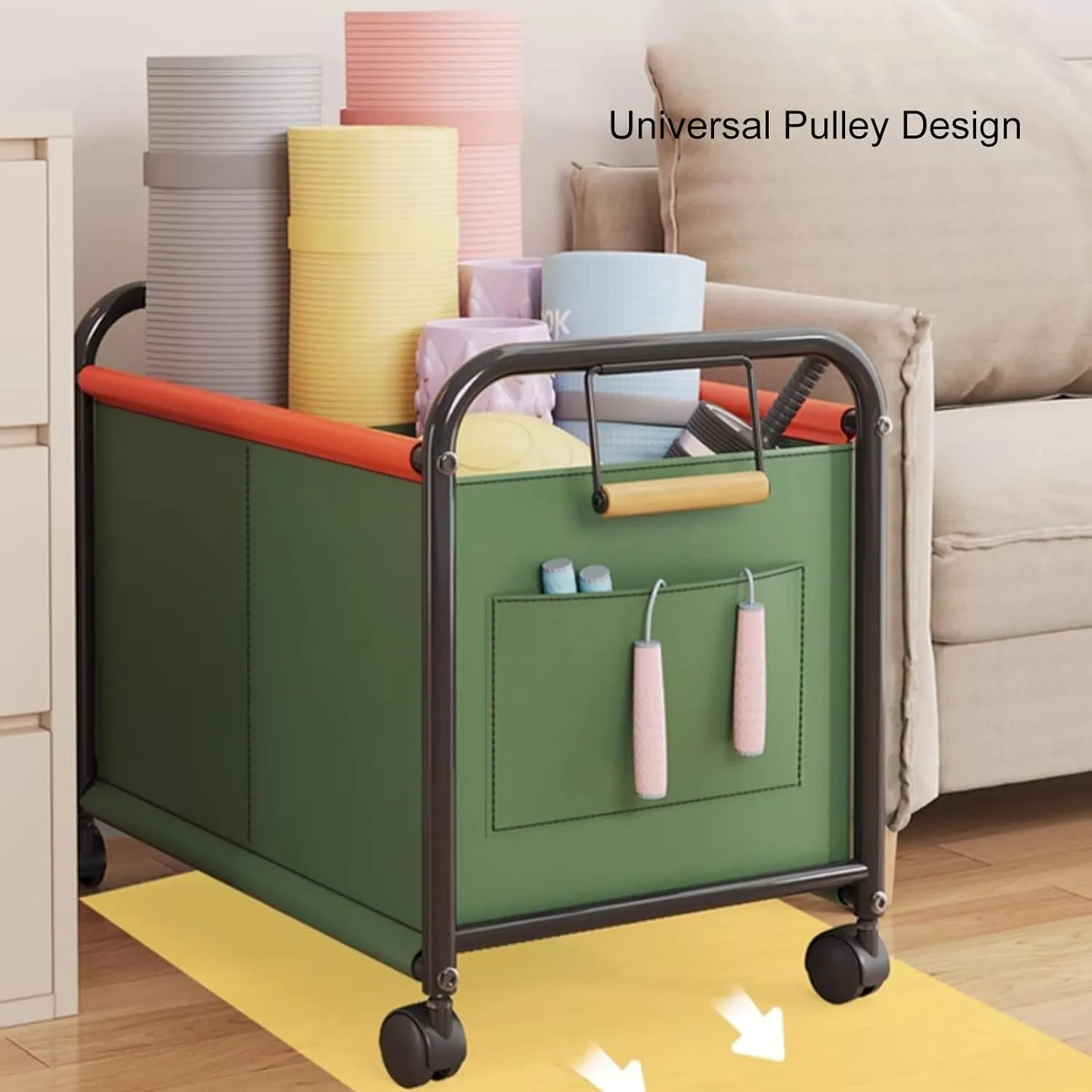 Wheeled Laundry Basket With Oxford Fabric Bag, Partition Design Rolling Laundry Cart, Rolling Small Commercial Utility Cart(Green,Medium)