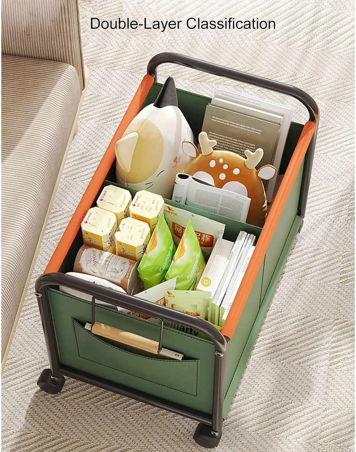 Wheeled Laundry Basket With Oxford Fabric Bag, Partition Design Rolling Laundry Cart, Rolling Small Commercial Utility Cart(Green,Medium)