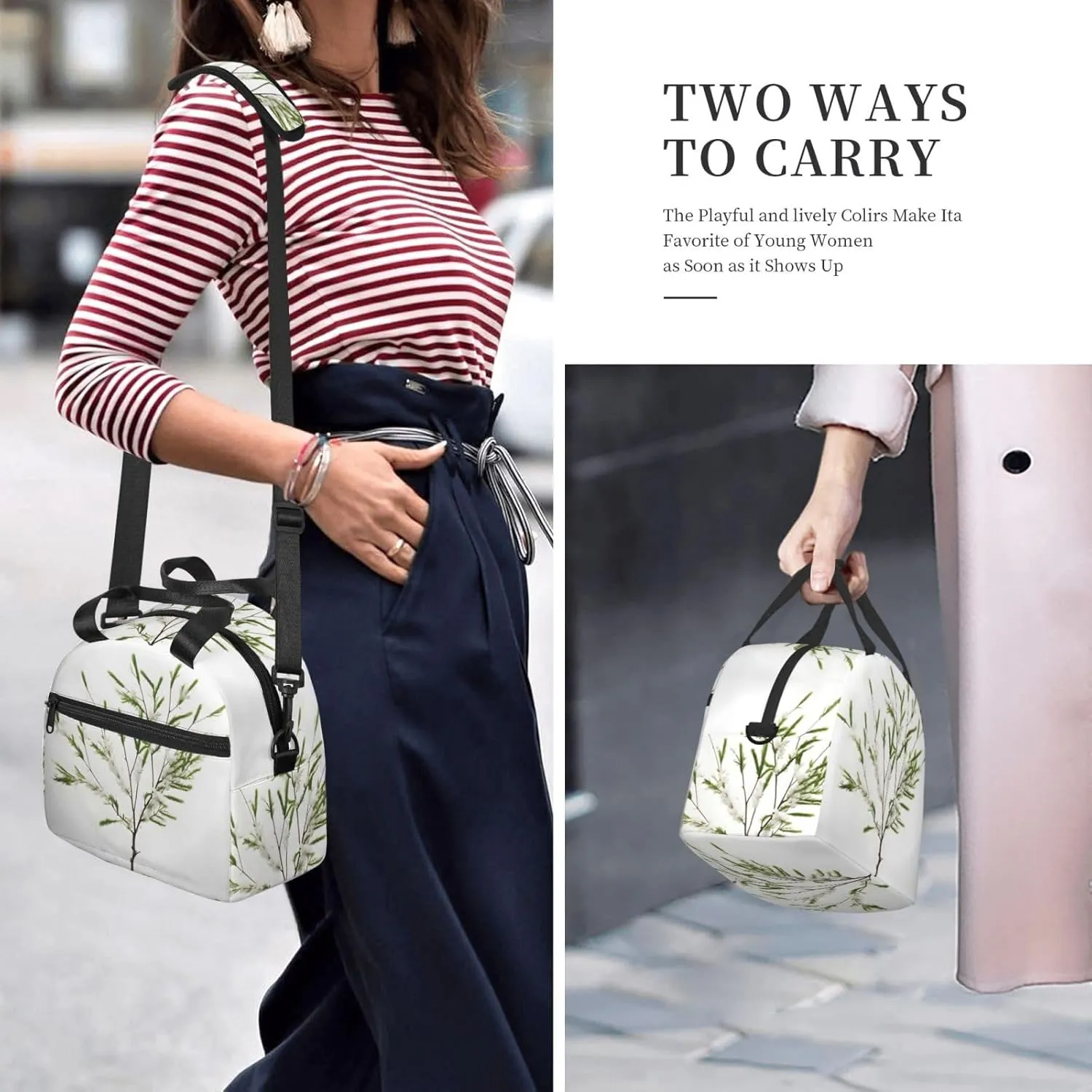 White Natural Plant Green Twig (1) Insulated Lunch Bag Lunch Box For Women Men Reusable Tote For Office Gym Outings