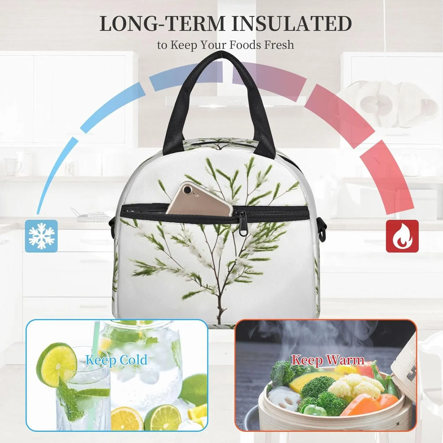 White Natural Plant Green Twig (1) Insulated Lunch Bag Lunch Box For Women Men Reusable Tote For Office Gym Outings