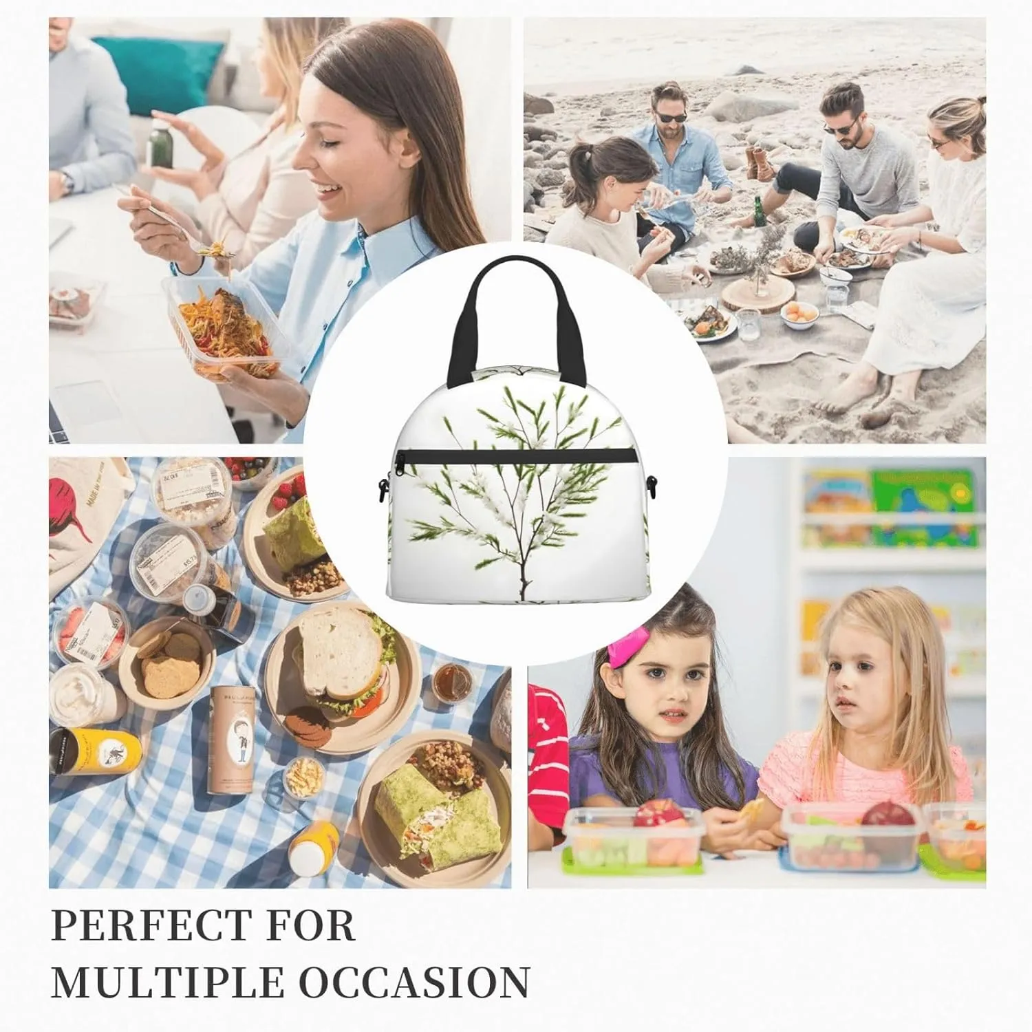 White Natural Plant Green Twig (1) Insulated Lunch Bag Lunch Box For Women Men Reusable Tote For Office Gym Outings