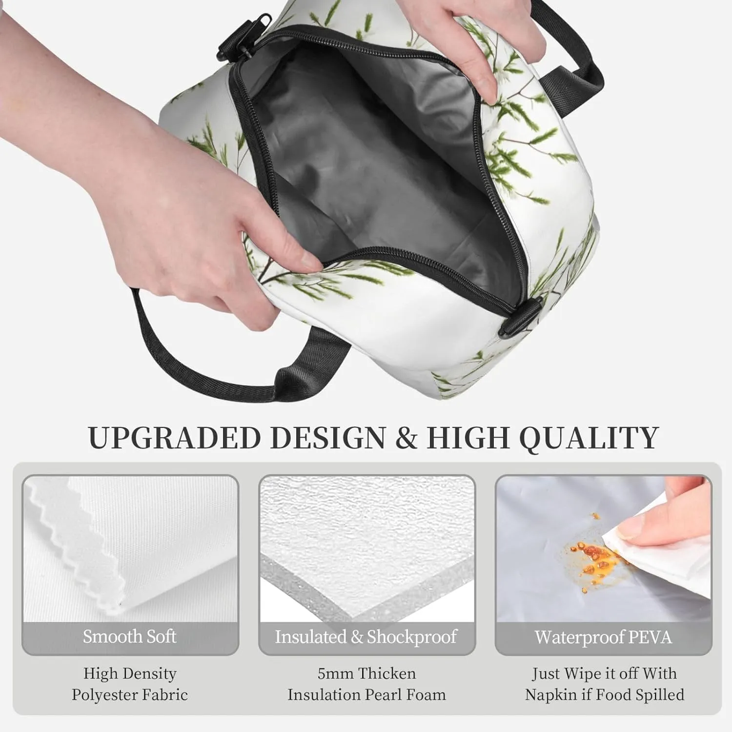 White Natural Plant Green Twig (1) Insulated Lunch Bag Lunch Box For Women Men Reusable Tote For Office Gym Outings