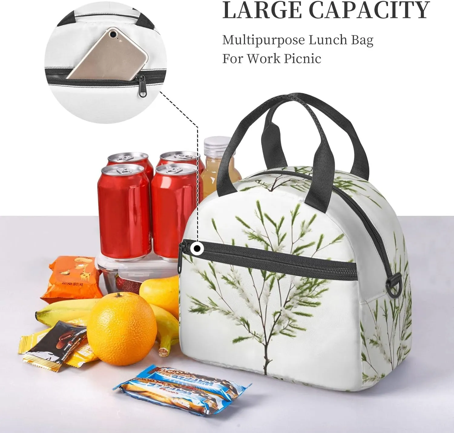 White Natural Plant Green Twig (1) Insulated Lunch Bag Lunch Box For Women Men Reusable Tote For Office Gym Outings