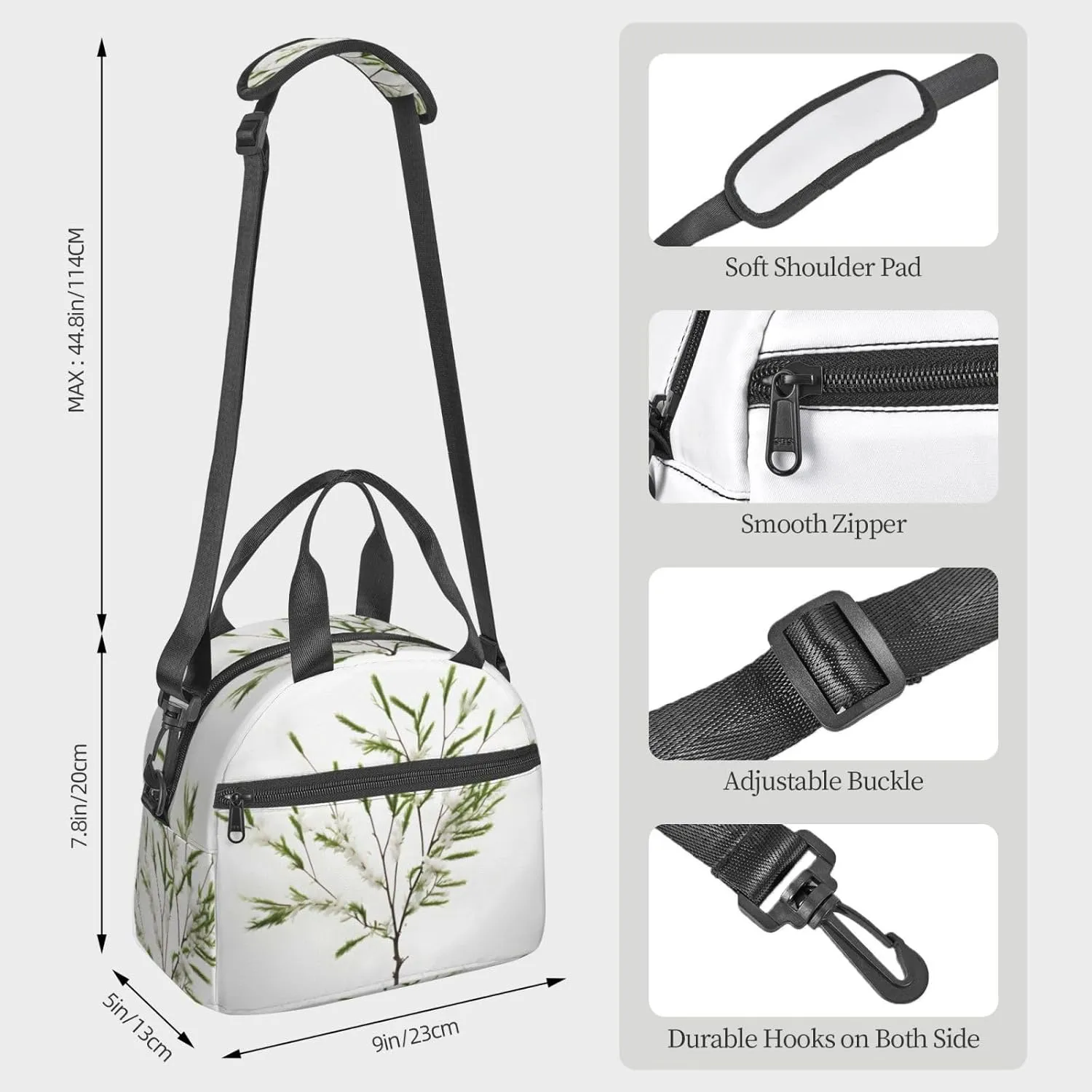White Natural Plant Green Twig (1) Insulated Lunch Bag Lunch Box For Women Men Reusable Tote For Office Gym Outings