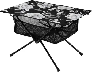 White Rose Black Folding Portable Camping Table for Men and Women Sturdy Beach Table with A Hanging Mesh Bag Easy to Assemble Camping Essentials for Cooking Picnic Camp Travel