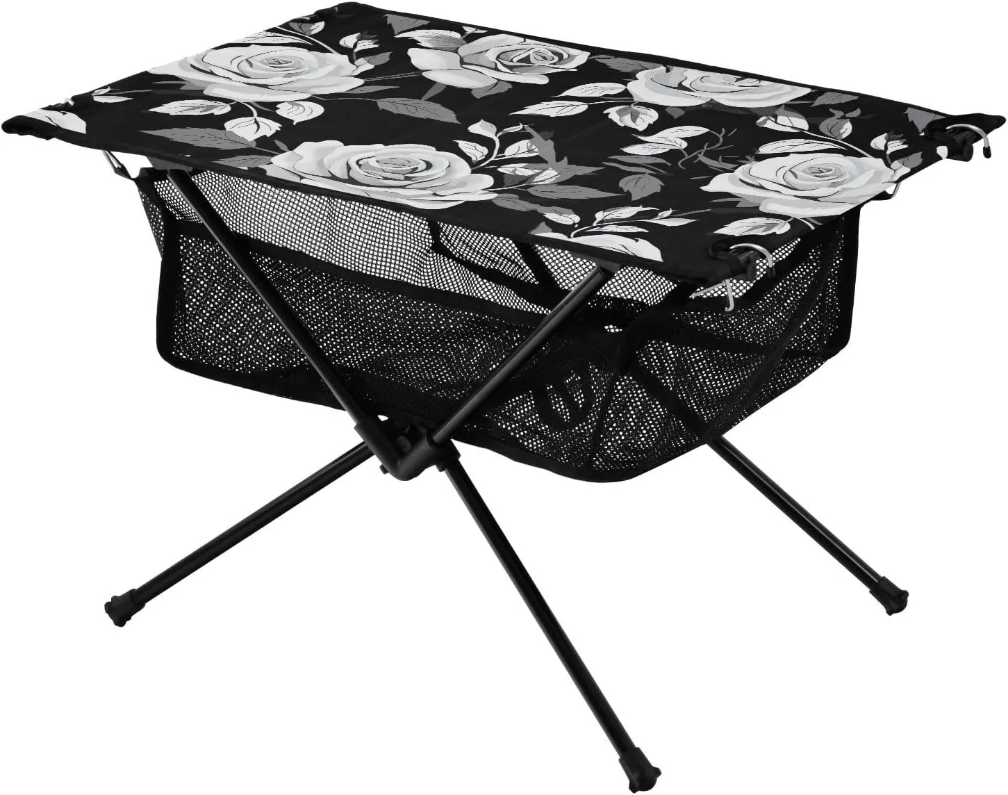 White Rose Black Folding Portable Camping Table for Men and Women Sturdy Beach Table with A Hanging Mesh Bag Easy to Assemble Camping Essentials for Cooking Picnic Camp Travel
